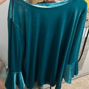 A teal, velvet, ruffle sleeve blouse